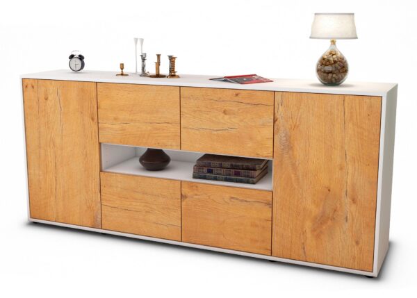 Sideboard Farina | Korpus Weiß | Front in Eiche Holz Optik | 180x79x35cm (BxHxT)