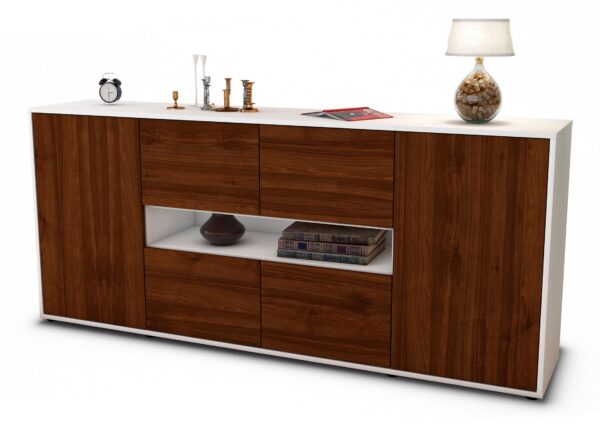 Sideboard Farina | Korpus Weiß | Front in Walnuss Holz Optik | 180x79x35cm (BxHxT)