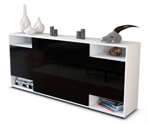 Sideboard Felicia | Korpus Weiß | Front in Hochglanz Schwarz | 180x79x35cm (BxHxT)
