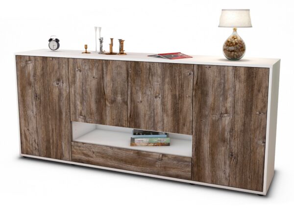 Sideboard Felicitas | Korpus Weiß | Front in Treibholz Holz Optik | 180x79x35cm (BxHxT)
