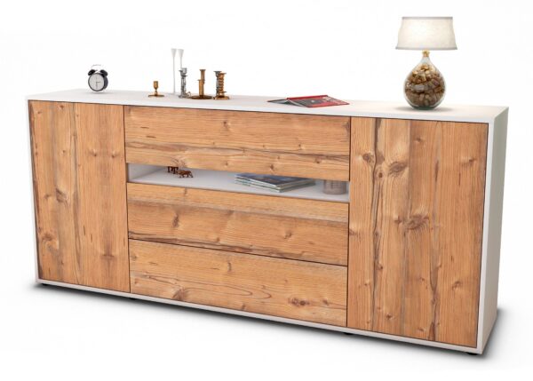 Sideboard Fernanda | Korpus Weiß | Front in Pinie Holz Optik | 180x79x35cm (BxHxT)