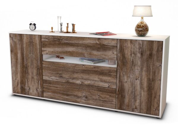 Sideboard Fernanda | Korpus Weiß | Front in Treibholz Holz Optik | 180x79x35cm (BxHxT)