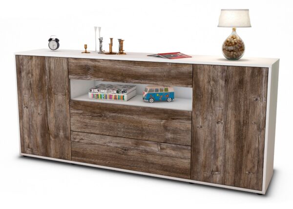 Sideboard Filippa | Korpus Weiß | Front in Treibholz Holz Optik | 180x79x35cm (BxHxT)