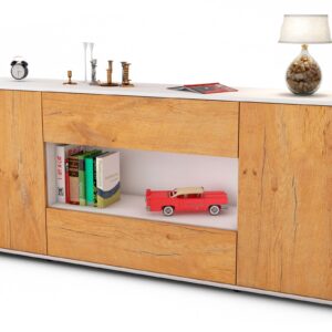 Sideboard Filomena | Korpus Weiß | Front in Eiche Holz Optik | 180x79x35cm (BxHxT)
