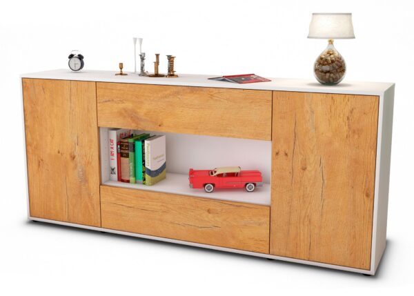 Sideboard Filomena | Korpus Weiß | Front in Eiche Holz Optik | 180x79x35cm (BxHxT)
