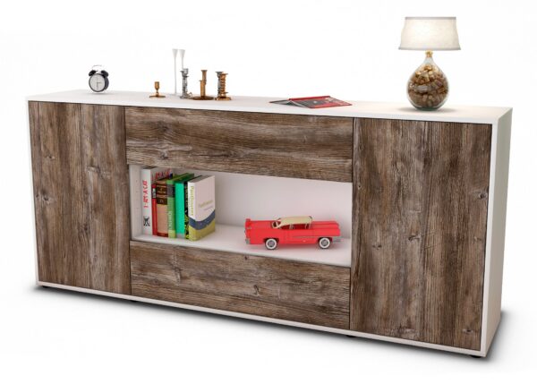 Sideboard Filomena | Korpus Weiß | Front in Treibholz Holz Optik | 180x79x35cm (BxHxT)