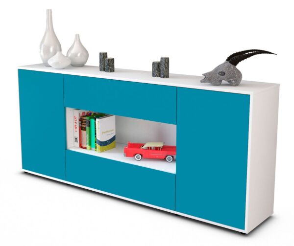 Sideboard Filomena | Korpus Weiß | Front in Türkis | 180x79x35cm (BxHxT)