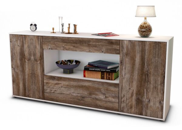 Sideboard Fiora | Korpus Weiß | Front in Treibholz Holz Optik | 180x79x35cm (BxHxT)