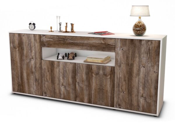 Sideboard Fiorella | Korpus Weiß | Front in Treibholz Holz Optik | 180x79x35cm (BxHxT)