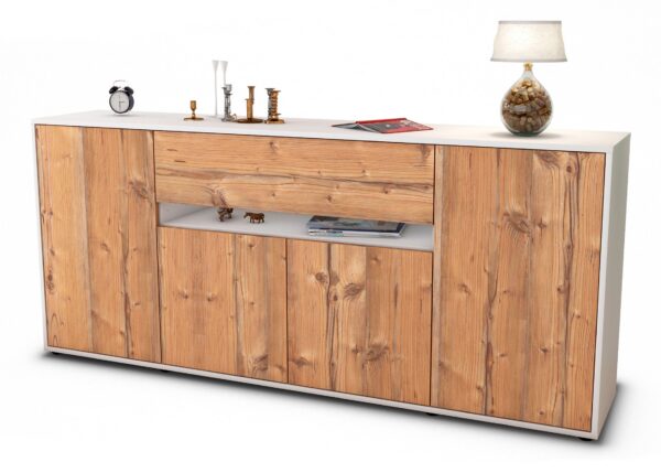 Sideboard Flavia | Korpus Weiß | Front in Pinie Holz Optik | 180x79x35cm (BxHxT)