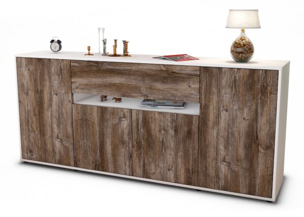 Sideboard Flavia | Korpus Weiß | Front in Treibholz Holz Optik | 180x79x35cm (BxHxT)