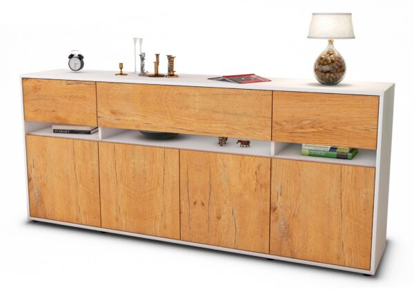 Sideboard Flora | Korpus Weiß | Front in Eiche Holz Optik | 180x79x35cm (BxHxT)