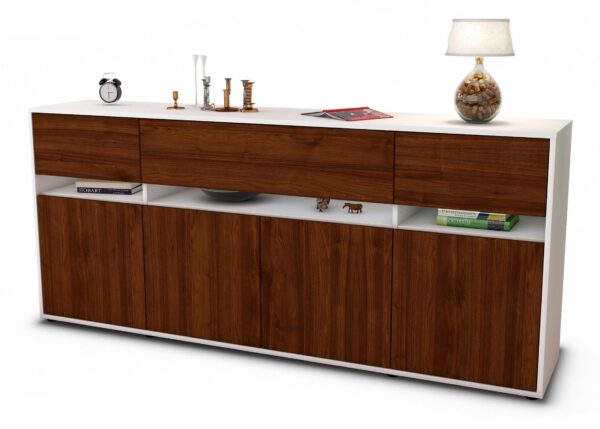 Sideboard Flora | Korpus Weiß | Front in Walnuss Holz Optik | 180x79x35cm (BxHxT)