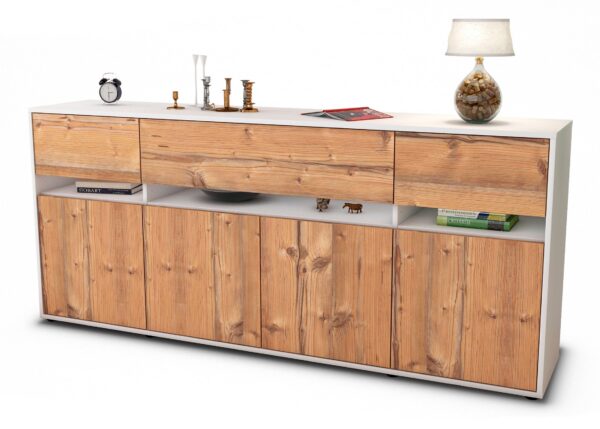 Sideboard Flora | Korpus Weiß | Front in Pinie Holz Optik | 180x79x35cm (BxHxT)