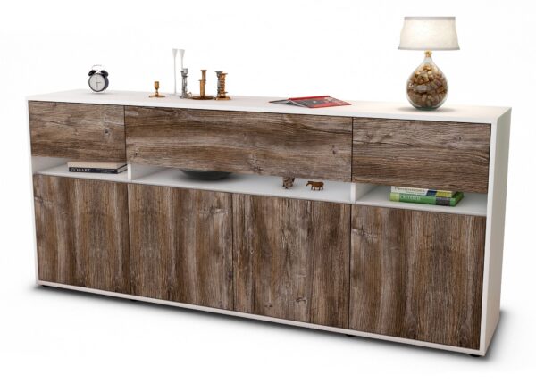Sideboard Flora | Korpus Weiß | Front in Treibholz Holz Optik | 180x79x35cm (BxHxT)