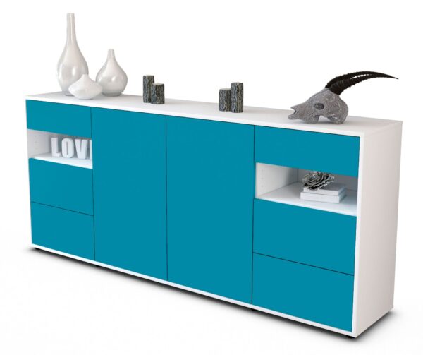 Sideboard Francesca | Korpus Weiß | Front in Türkis | 180x79x35cm (BxHxT)