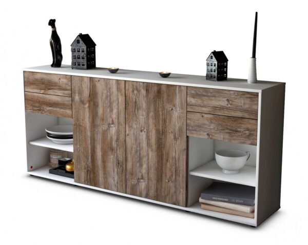 Sideboard Franka | Korpus Weiß | Front in Treibholz Holz Optik | 180x79x35cm (BxHxT)