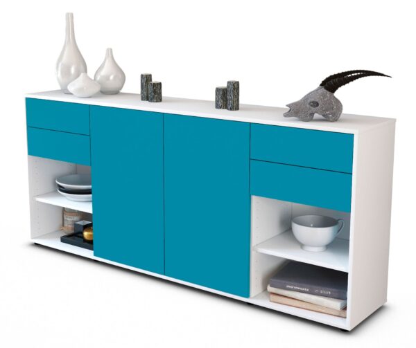 Sideboard Franka | Korpus Weiß | Front in Türkis | 180x79x35cm (BxHxT)