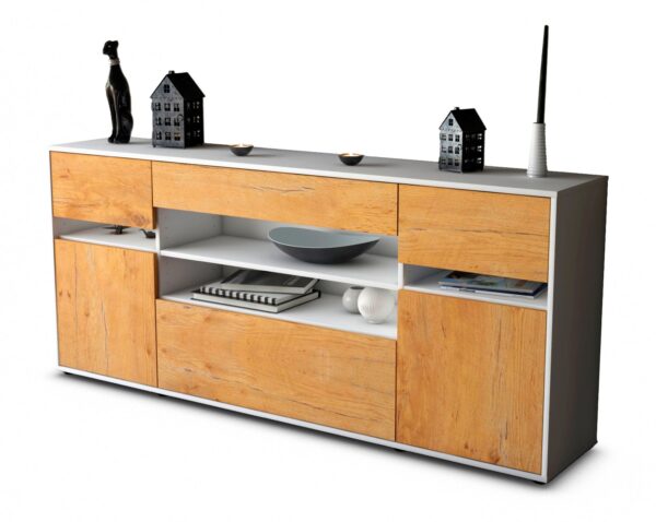 Sideboard Gina | Korpus Weiß | Front in Eiche Holz Optik | 180x79x35cm (BxHxT)