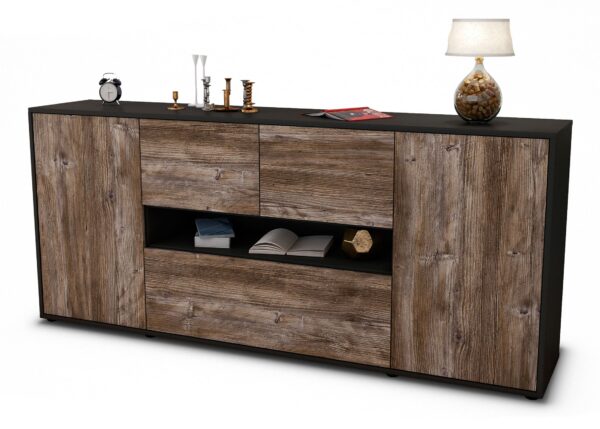 Sideboard Elisabetta | Korpus Anthrazit | Front in Treibholz Holz Optik | 180x79x35cm (BxHxT)