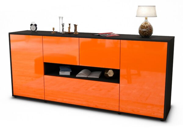 Sideboard Elisabetta | Korpus Anthrazit | Front in Hochglanz Orange | 180x79x35cm (BxHxT)