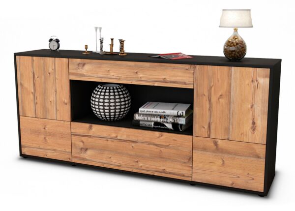 Sideboard Elodie | Korpus Anthrazit | Front in Pinie Holz Optik | 180x79x35cm (BxHxT)