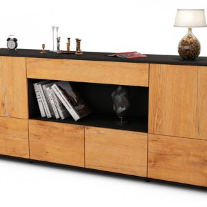Sideboard Elsa | Korpus Anthrazit | Front in Eiche Holz Optik | 180x79x35cm (BxHxT)
