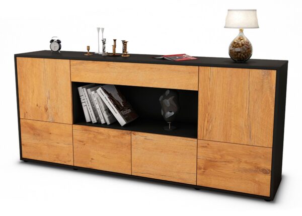 Sideboard Elsa | Korpus Anthrazit | Front in Eiche Holz Optik | 180x79x35cm (BxHxT)