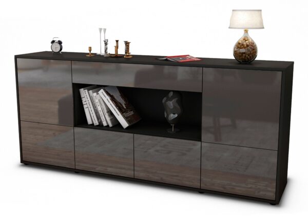 Sideboard Elsa | Korpus Anthrazit | Front in Hochglanz Grau | 180x79x35cm (BxHxT)