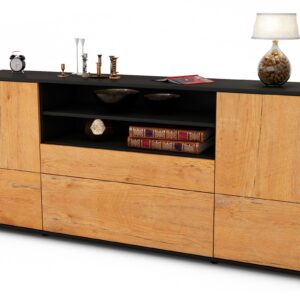Sideboard Eluana | Korpus Anthrazit | Front in Eiche Holz Optik | 180x79x35cm (BxHxT)