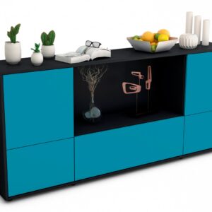 Sideboard Elvezia | Korpus Anthrazit | Front in Türkis | 180x79x35cm (BxHxT)