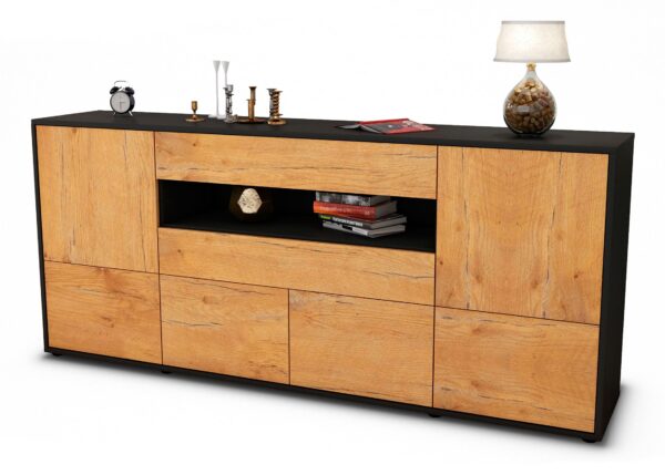 Sideboard Emely | Korpus Anthrazit | Front in Eiche Holz Optik | 180x79x35cm (BxHxT)