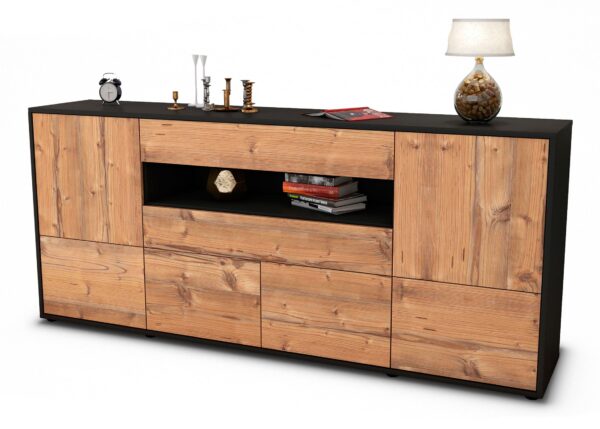 Sideboard Emely | Korpus Anthrazit | Front in Pinie Holz Optik | 180x79x35cm (BxHxT)