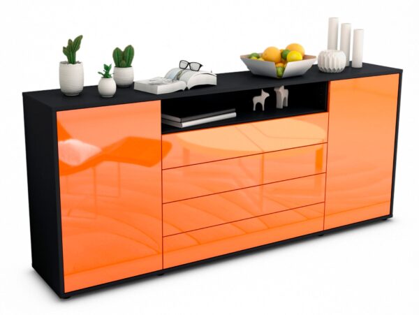 Sideboard Enzo | Korpus Anthrazit | Front in Hochglanz Orange | 180x79x35cm (BxHxT)