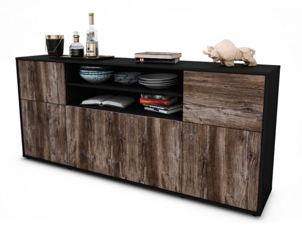 Sideboard Ermelina | Korpus Anthrazit | Front in Treibholz Holz Optik | 180x79x35cm (BxHxT)