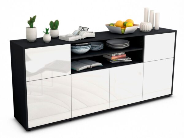 Sideboard Ermelina | Korpus Anthrazit | Front in Hochglanz Weiß | 180x79x35cm (BxHxT)