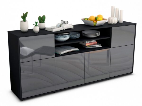 Sideboard Ermelina | Korpus Anthrazit | Front in Hochglanz Grau | 180x79x35cm (BxHxT)