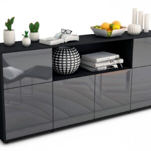 Sideboard Ermentrude | Korpus Anthrazit | Front in Hochglanz Grau | 180x79x35cm (BxHxT)