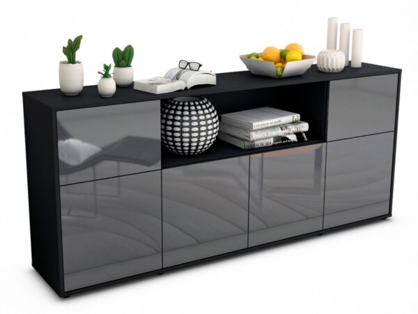Sideboard Ermentrude | Korpus Anthrazit | Front in Hochglanz Grau | 180x79x35cm (BxHxT)