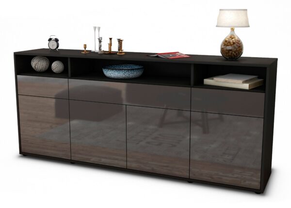 Sideboard Ezia | Korpus Anthrazit | Front in Hochglanz Grau | 180x79x35cm (BxHxT)