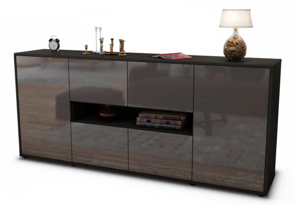 Sideboard Farina | Korpus Anthrazit | Front in Hochglanz Grau | 180x79x35cm (BxHxT)