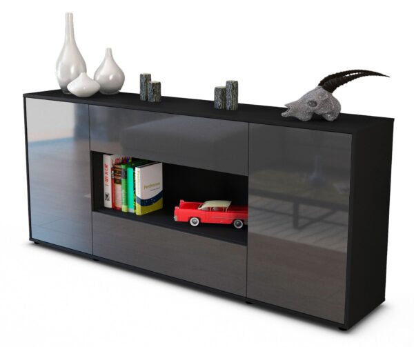 Sideboard Filomena | Korpus Anthrazit | Front in Hochglanz Grau | 180x79x35cm (BxHxT)