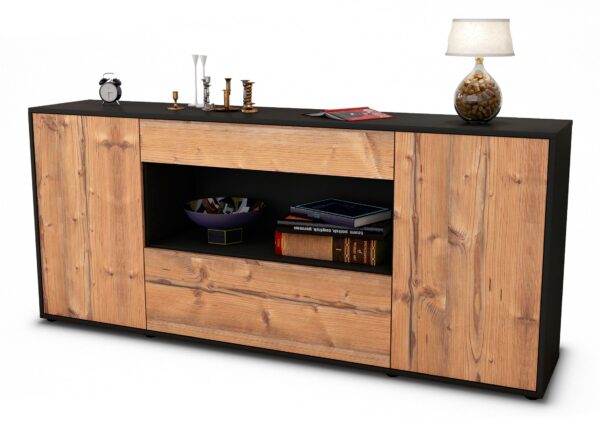 Sideboard Fiora | Korpus Anthrazit | Front in Pinie Holz Optik | 180x79x35cm (BxHxT)
