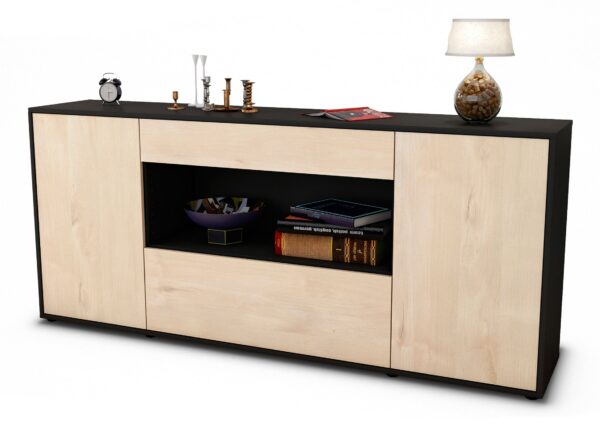 Sideboard Fiora | Korpus Anthrazit | Front in Zeder Holz Optik | 180x79x35cm (BxHxT)