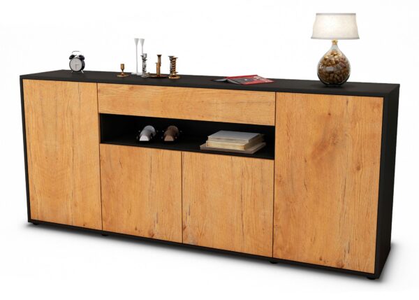 Sideboard Fiorella | Korpus Anthrazit | Front in Eiche Holz Optik | 180x79x35cm (BxHxT)