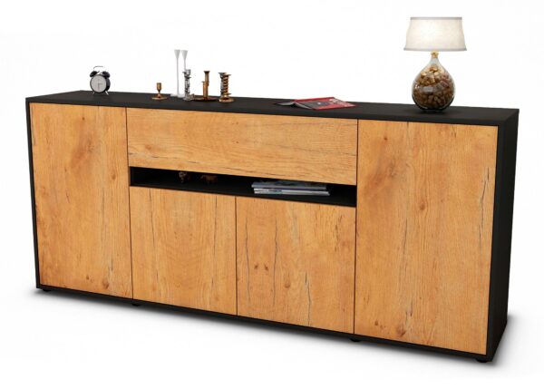 Sideboard Flavia | Korpus Anthrazit | Front in Eiche Holz Optik | 180x79x35cm (BxHxT)