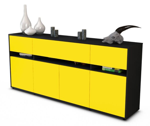 Sideboard Flora | Korpus Anthrazit | Front in Gelb | 180x79x35cm (BxHxT)