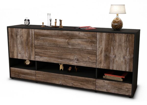 Sideboard Florentina | Korpus Anthrazit | Front in Treibholz Holz Optik | 180x79x35cm (BxHxT)