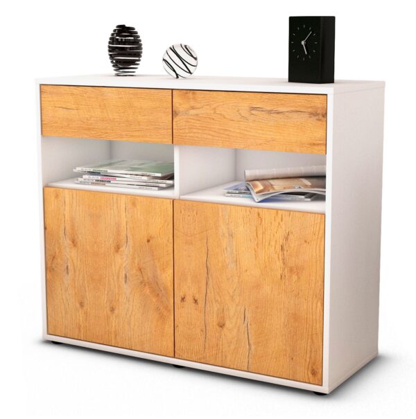 Sideboard Bruna | Korpus Weiß | Front in Eiche Holz Optik | 92x79x35cm (BxHxT)