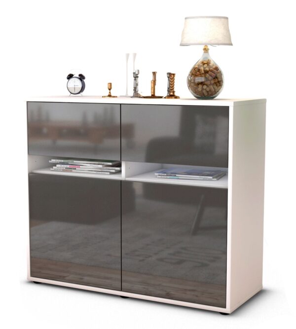 Sideboard Brunilde | Korpus Weiß | Front in Hochglanz Grau | 92x79x35cm (BxHxT)